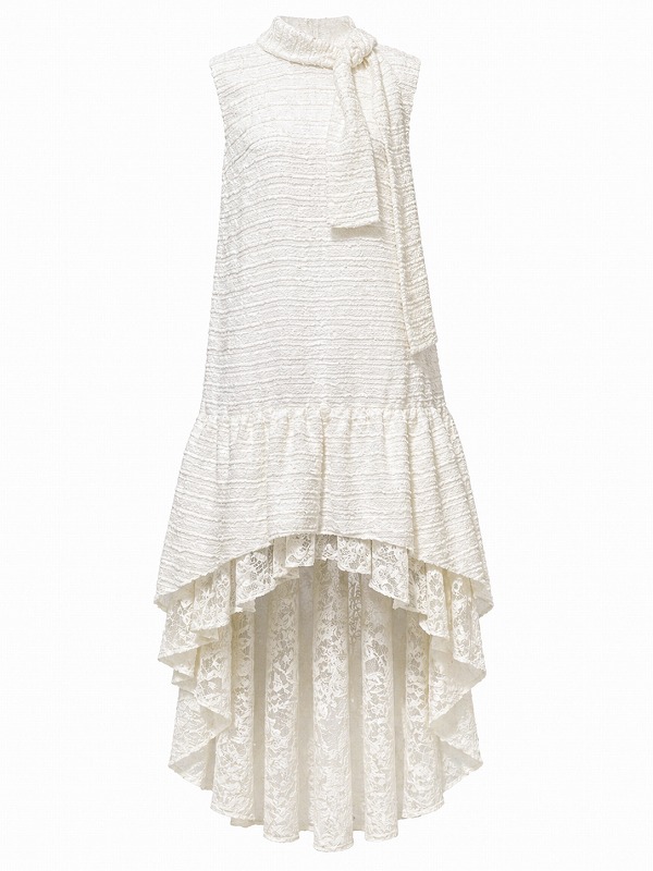 【新品DRESS 203】ネックリボンアシンメトリーロングテールフレアロングドレス ホワイト【PINKO】